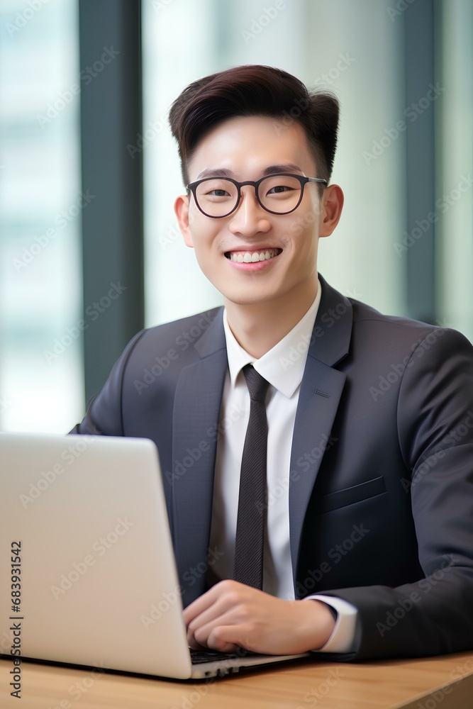 Happy young Korean business man entrepreneur in office using laptop at work, smiling professional East Asian male company executive wearing suit working on computer at workplace. generative AI Happy young Korean business man entrepreneur in office using laptop at work, smiling professional East Asian male company executive wearing suit working on computer at workplace. generative AI