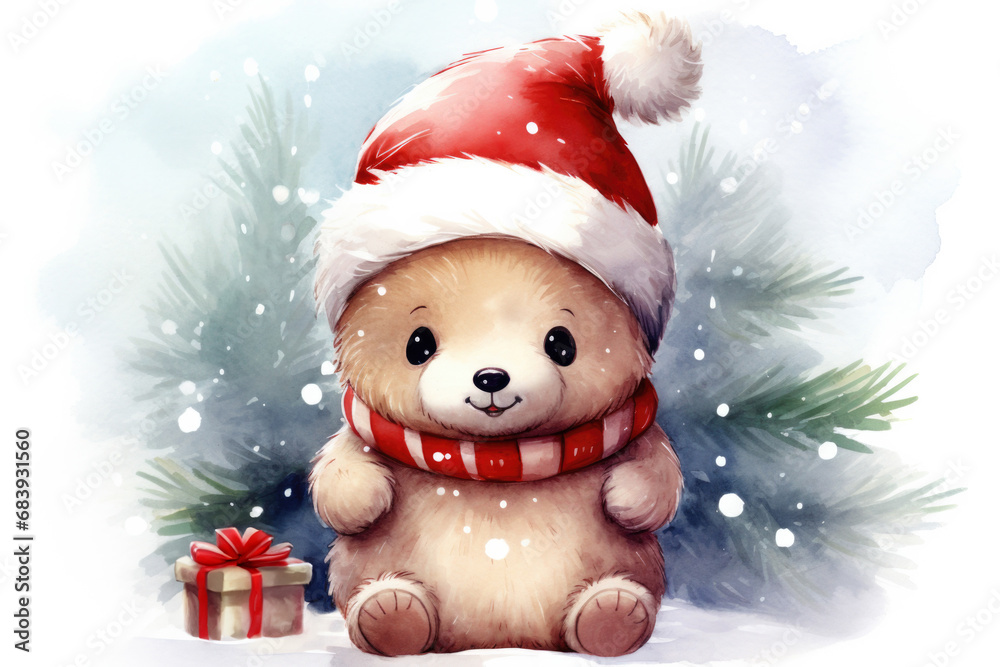 Cute Christmas bear with a gift, on a background of fir trees, watercolor style with space for text