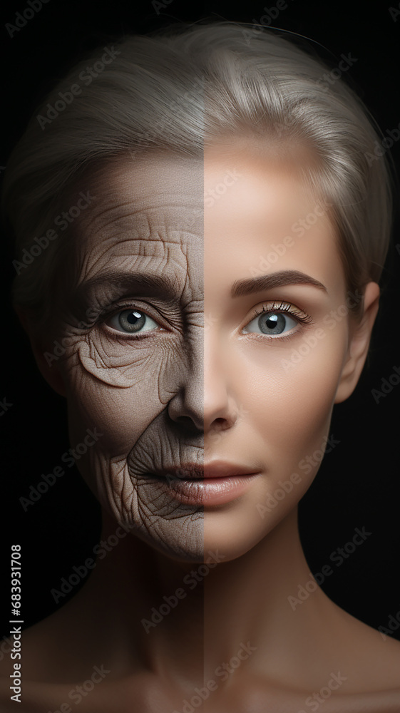 Concept of aging: Portrait of a female face with the smooth skin of a 20 year old woman on the one and the skin of an elderly lady on the other side Concept of aging: Portrait of a female face with the smooth skin of a 20 year old woman on the one and the skin of an elderly lady on the other side