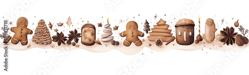 Winter Christmas or new year festive food background or page border, spice and gingerbread men cookies, cinnamon, star anise, vanilla, meringue, snow, pine trees and cones, snowflakes and shiny stars photo