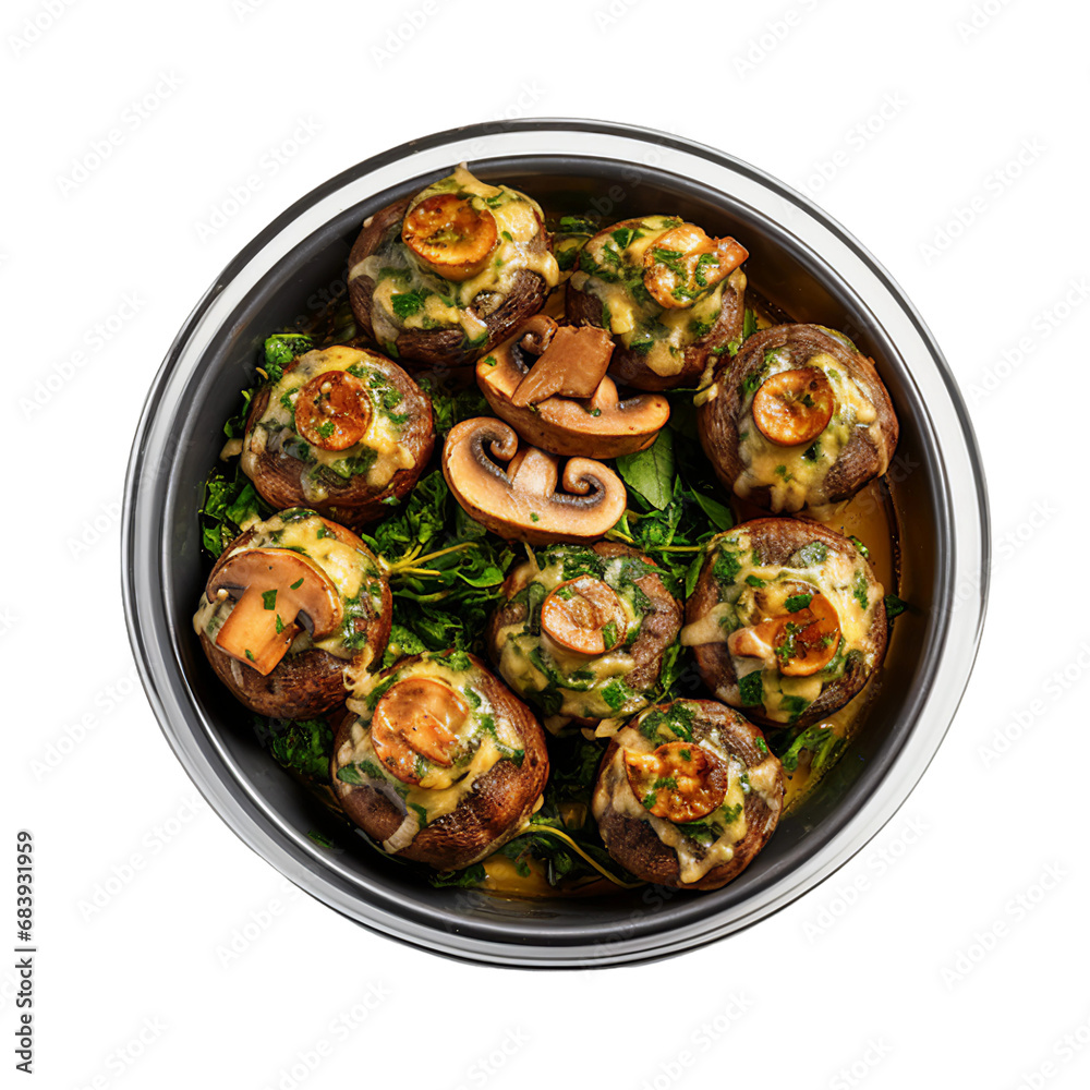 A Bowl of Spinach and Artichoke Stuffed Mushrooms on a Transparent Background