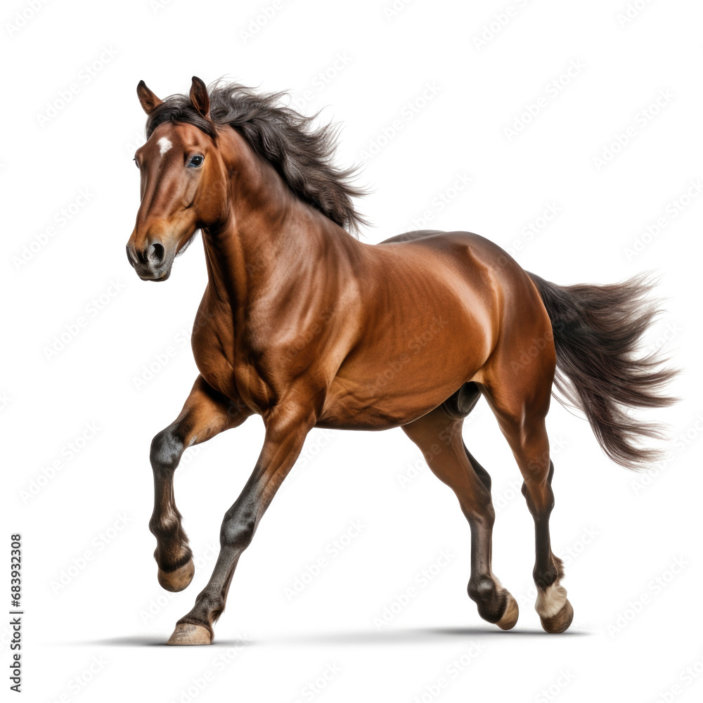 Purebred brown horse isolated on white background. Galloping stallion