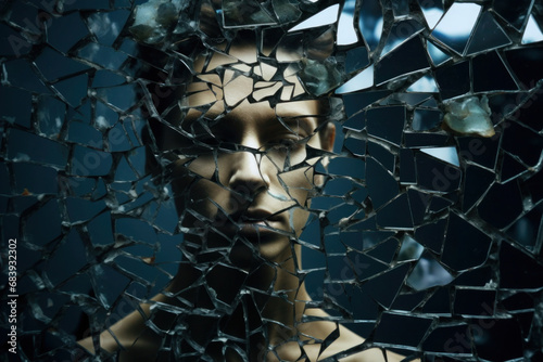 Male face looking through shattered mirror with many broken glass fragments. Mental disorder and chaos in consciousness  self identity concept