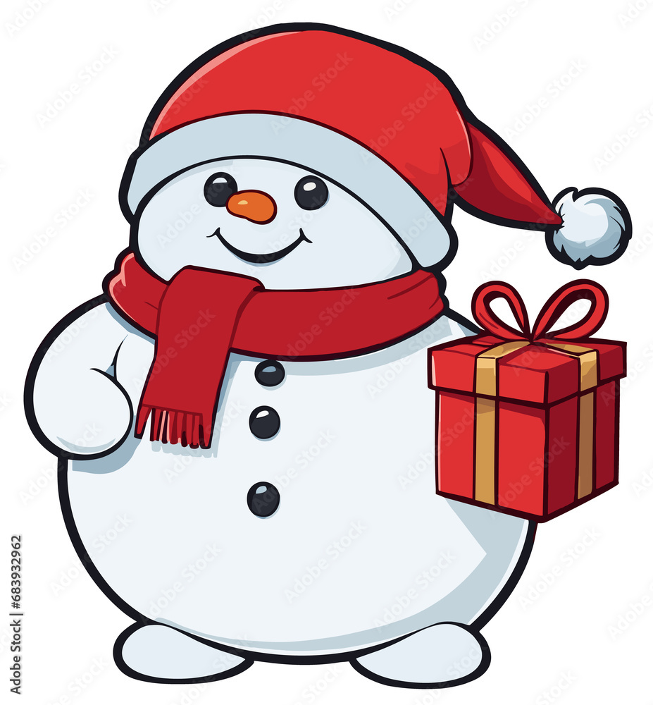 Cheerful cute Snowman with a Christmas gift in hand Cheerful cute Snowman with a Christmas gift in hand