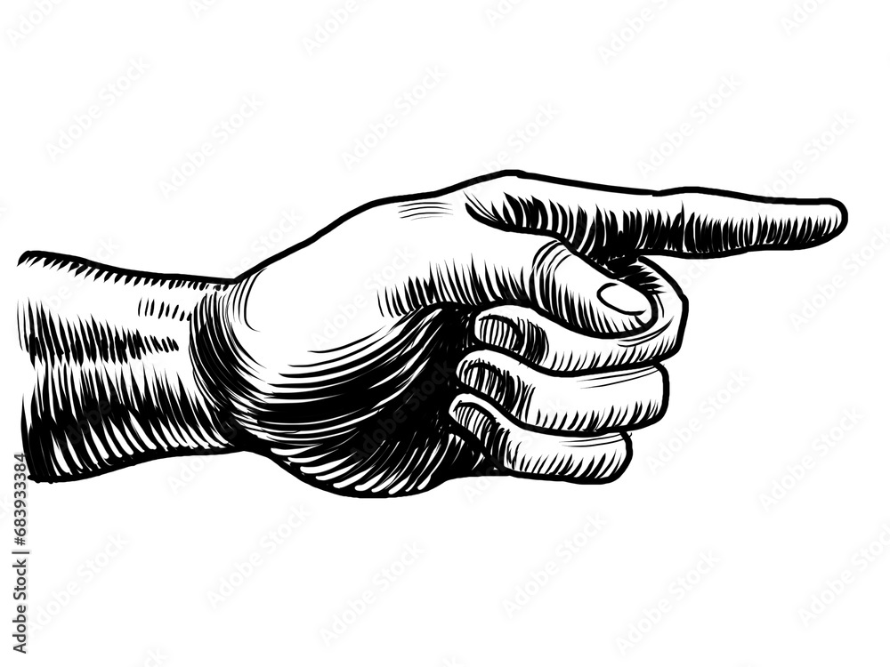 Hand pointing right. Hand-drawn black and white illustration - obrazy, fototapety, plakaty 
