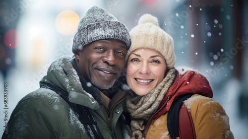Interracial Mature Love: African American Man, Caucasian Woman, Adorned in Winter Wear, Embracing a Snowy Affair, Celebrating Diverse Romance and Festive Valentine's