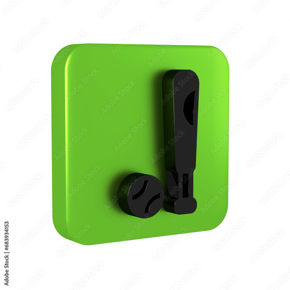 Black Baseball bat with ball icon isolated on transparent background. Green square button. Black Baseball bat with ball icon isolated on transparent background. Green square button.