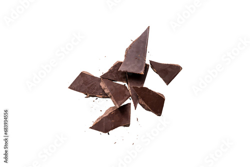 Broken organic dark chocolate bar isolated on a transparent background without shadow from above, top view