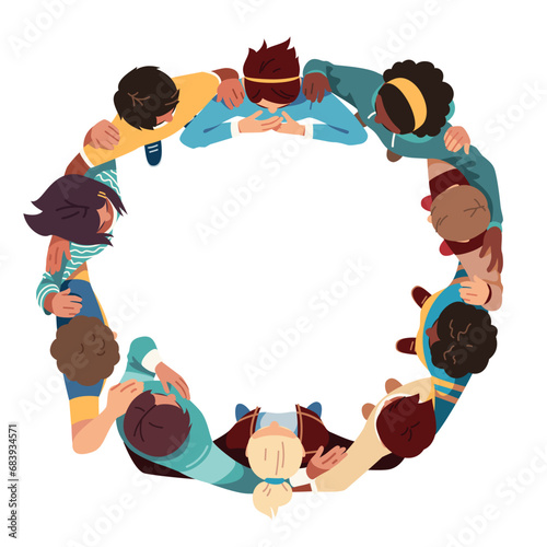 Top view of diverse people team in circle. Young men, women group standing embracing together. Community support teamwork, multicultural friendship, culture solidarity concept flat vector illustration