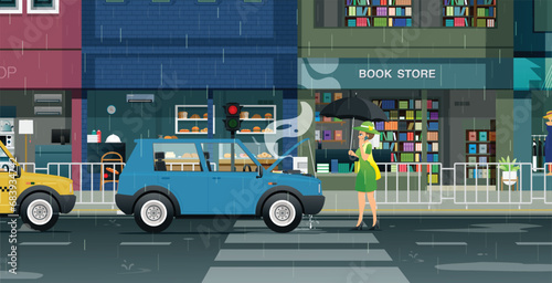 Woman calling to report a broken car on a rainy city road.