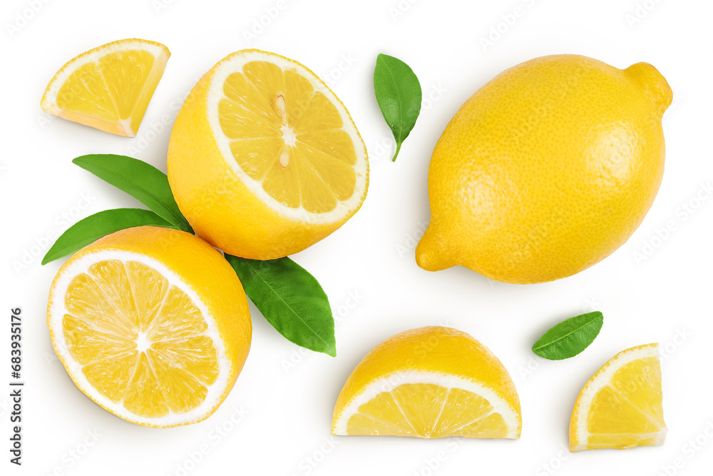 Ripe lemon with half isolated on white background with full depth of field. Top view. Flat lay
