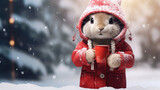 A little rabbit in red winter clothes drinking a hot drink. Snowing, Christmas decoration. Christmas.