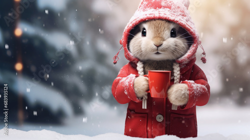 A little rabbit in red winter clothes drinking a hot drink. Snowing, Christmas decoration. Christmas. photo