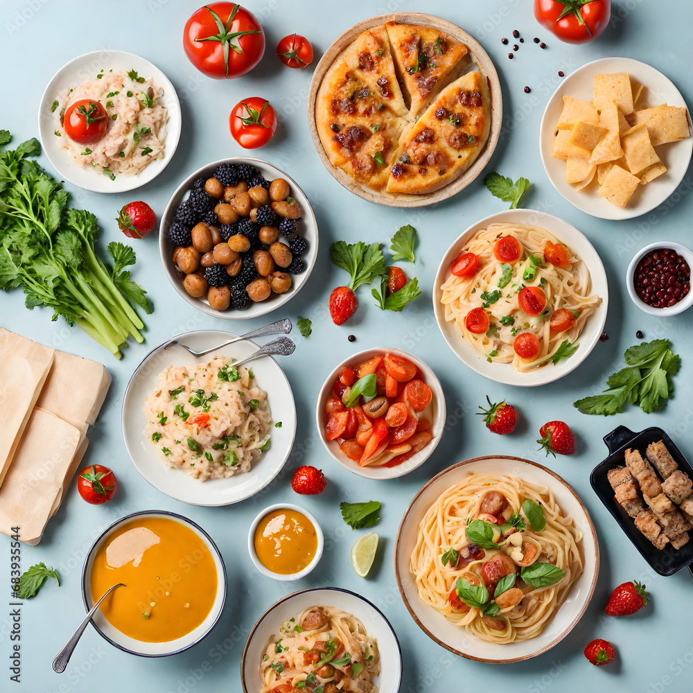 Various food on table flat lay Various food on table flat lay
