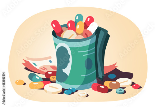 Too expensive drugs medicine problem concept. Pills in dollar banknotes roll, scattered prescription medication. Overpriced health care, pharmacy, insurance cost, pharmaceutical industry illustration