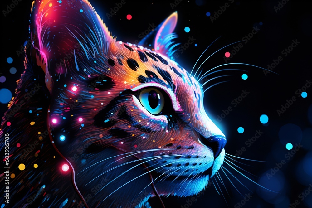 Colorful futuristic celestial portrait of a cat