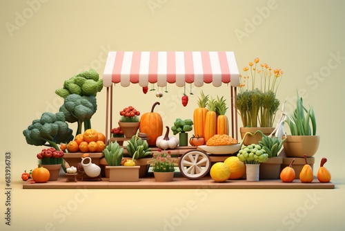 3d cartoon illustration of a vegetables and fruits vendor or market photo