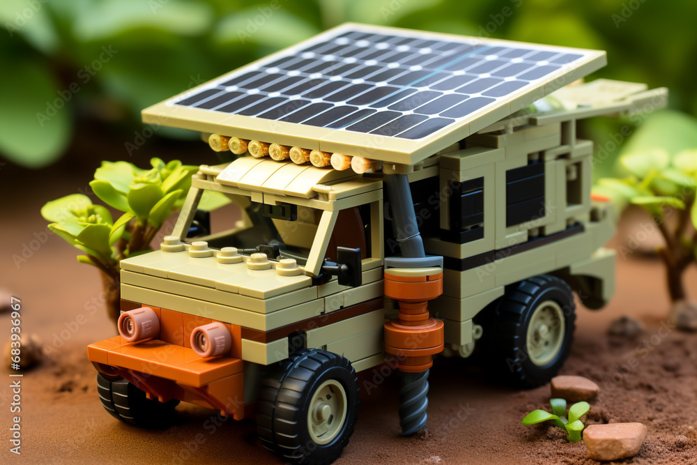 Lego car with solar panels on top, the concept of saving alternative energy and ecology, equipment from a children's construction set