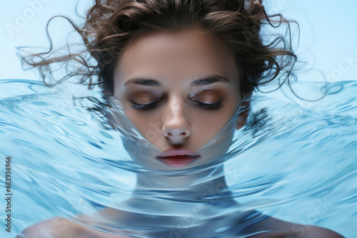 Advertising about skin care and moisturizing, portrait of a girl with closed eyes and crystal clear water enveloping her face, care and cosmetic procedures photo