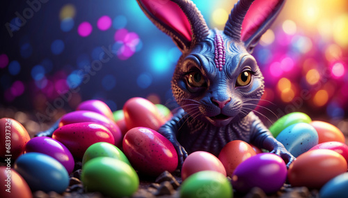 An extraterrestrial Easter bunny shows off his colorful Easter eggs. photo