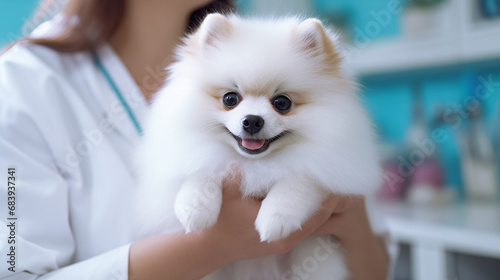 A veterinarian girl holds a white Pomeranian dog in her hands in a veterinary clinic close-up. The concept of treatment and care of pets