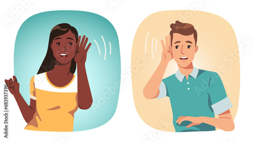 Person listening holding hand near ear set. Focused man and woman showing listening sound communication gesture. Hearing sense, deaf, attention, news, secret, gossip concept flat vector illustration