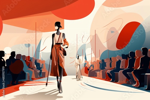 Cartoon illustration of a fashion model walking on a ramp