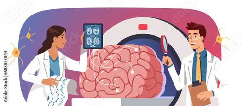Brain scan MRI concept. Neurology doctors examining brain activity, waves. Neurologist person doing CT cerebral layers research, disease diagnosis or exam monitoring. Concept vector illustration