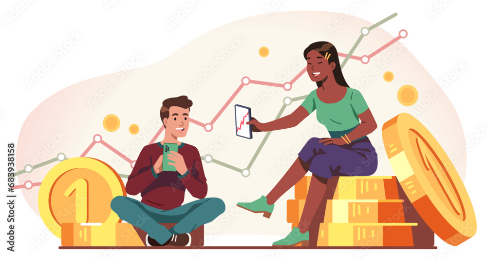 Money investment business profit concept. Happy investor man and woman persons sitting on gold coins piles with finance growth chart in background. Financial income, wealth flat vector illustration