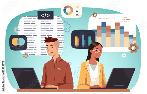 Data analysis team people working on laptops. Analyst programmer man, woman working on computers with digital charts information. Data science modern technology concept flat vector illustration
