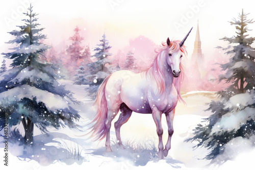 Magical winter forest with Unicorn  snow covered trees  watercolor illustration
