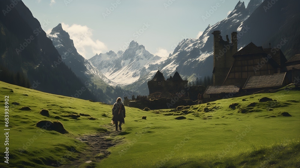 A Pilgrim’s Path to the Ancient Abbey Ruins, Solitary Explorer Approaching a Ruined Abbey in the Alpine Valleys, Solitude Amidst Majestic Mountains and Ancient Architecture. Generative AI