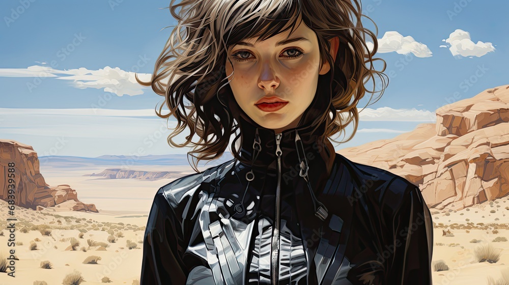 piękna dziewczyna w czarnej kurtce z ładnymi lokami stojąca na pustyni i widok na błękitne niebo i puszyste chmury - obrazy, fototapety, plakaty 