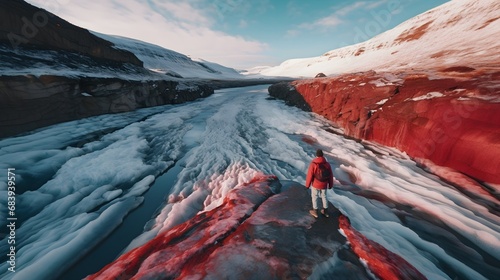 Explorer Amidst the Crimson Tides: A Surreal Landscape, an alpinist amidst blood falls phenomenon, A Journey Through the Blood Red Waterfalls. Generative AI photo