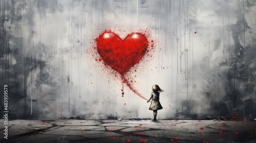 sztuka uliczna przedstawia obraz na murze dziewczynki z czerwonym sercem jako symbol wolności photo