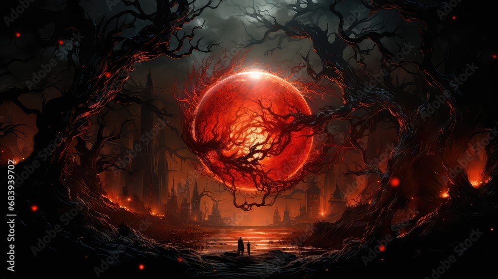 czerwony księżyc przebijający się przez drzewa - obrazy, fototapety, plakaty 