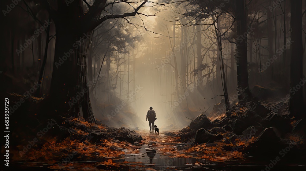 spacer z psem po lesie wśród drzew i mgły - obrazy, fototapety, plakaty 