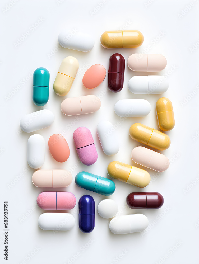 A few pills and capsules of various colors on a white background, healthcare and science, medecine, healing people with pharmacy, prescription of drugs, pharma, health A few pills and capsules of various colors on a white background, healthcare and science, medecine, healing people with pharmacy, prescription of drugs, pharma, health