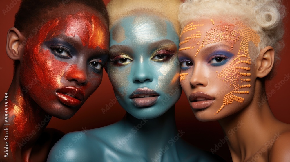 A group of three women with painted faces - obrazy, fototapety, plakaty 