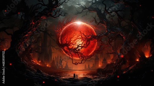 czerwony księżyc przebijający się przez drzewa