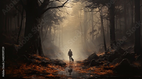 spacer z psem po lesie wśród drzew i mgły