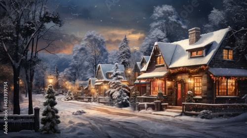 A painting of a snowy night scene with a house