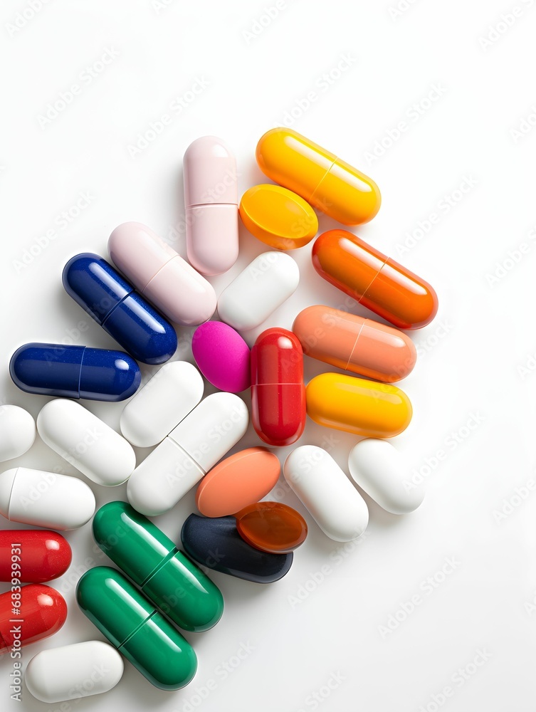 A few pills and capsules of various colors on a white background,  healthcare and science, medecine, healing people with pharmacy, prescription of  drugs, pharma, health