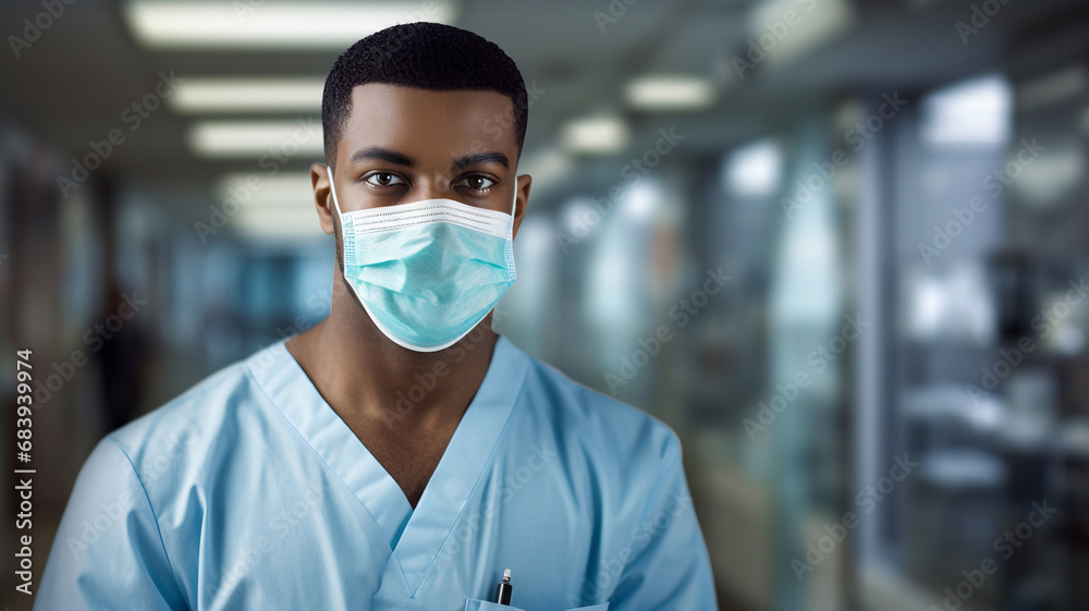 young black man nurse in a white scrub and a surgical mask, black student with a scrub, black doctor, health professional, surgeon, student, doctor at the hospital, science and medecine young black man nurse in a white scrub and a surgical mask, black student with a scrub, black doctor, health professional, surgeon, student, doctor at the hospital, science and medecine