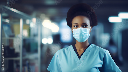 black woman nurse in a blue scrub and a surgical mask, black doctor with a scrub, black nurse, health professional, doctor at the hospital, science and medecine photo