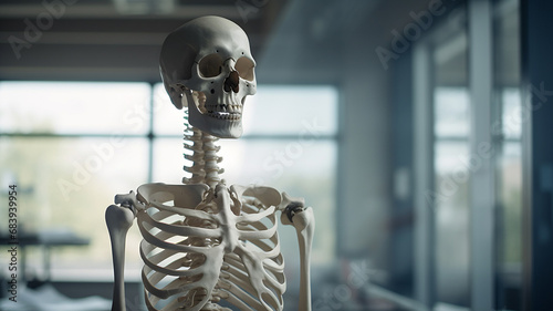 Skeleton in a classroom, anatomy class, teaching science at the university, hospital, doctor and nurse school, human anatomy, bones and skull  photo
