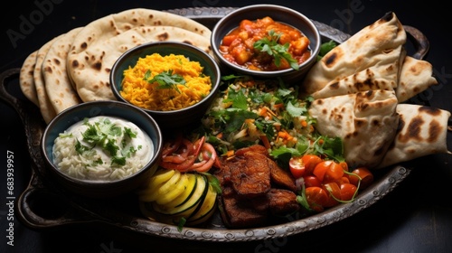 A plate of food with pita bread and vegetables