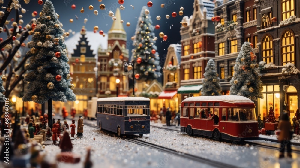 A miniature christmas town with a bus and a train