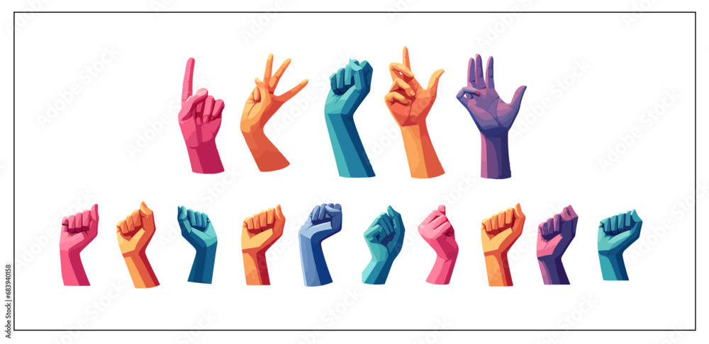 Set design of colorful hands and fingers, arm gestures and human hand orientation 3D. Flat set of fist with no background.
