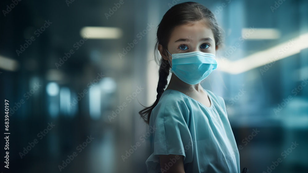 little girl wearing a surgical mask and a scrub, hospital background, sick children being healed at the hospital, medecine, science, pediatrics little girl wearing a surgical mask and a scrub, hospital background, sick children being healed at the hospital, medecine, science, pediatrics